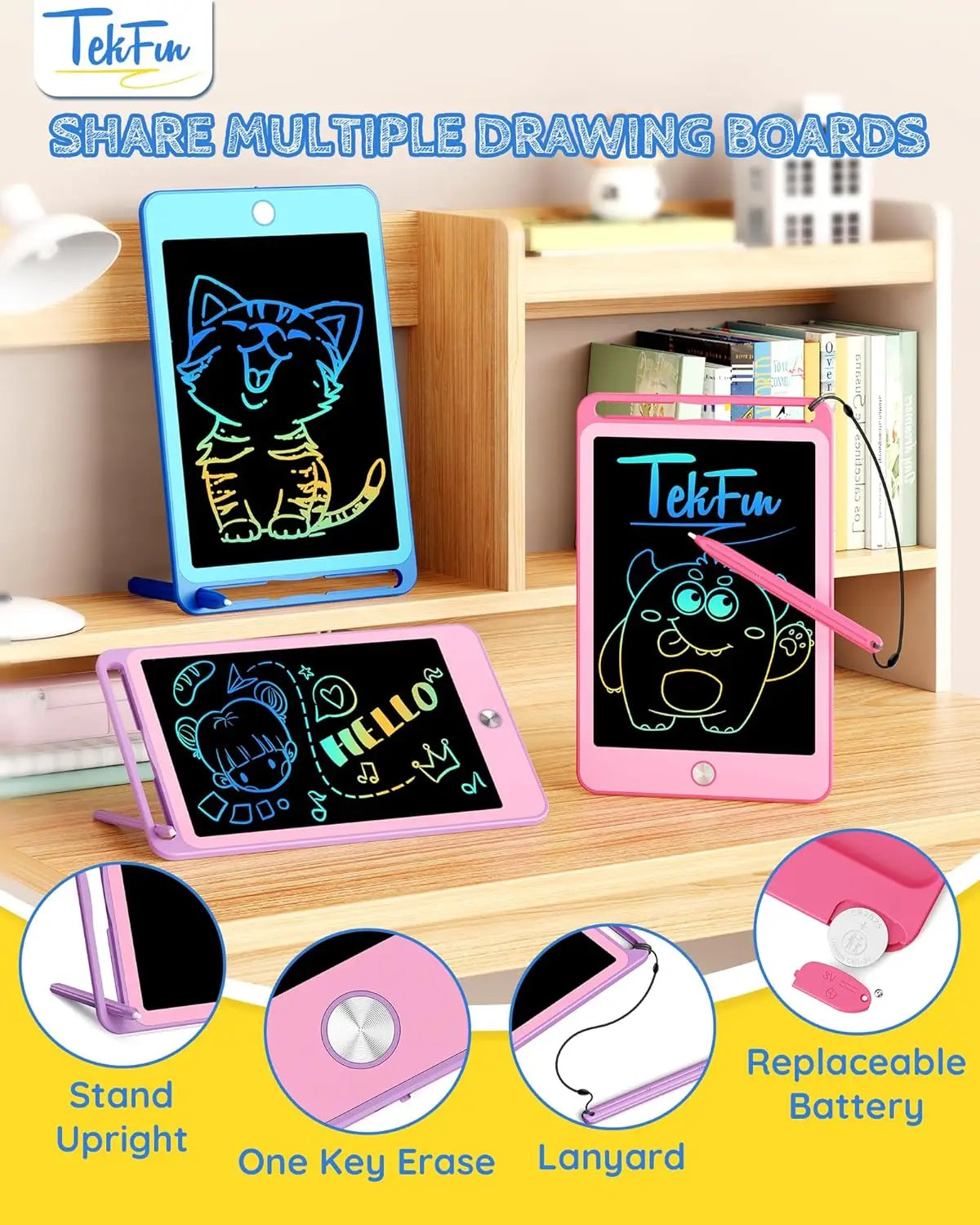 3 Pack 8.5 Inch Erasable Colorful LCD Writing Board Kids With Lanyard,Travel Educational Toy For Toys From 3 4 5 6 7